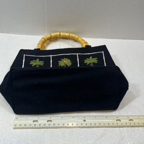 Black Tianni Handbag Embroidered Beaded Palm Trees Bamboo Handles 9"x4"x7.5" - Picture 11 of 14